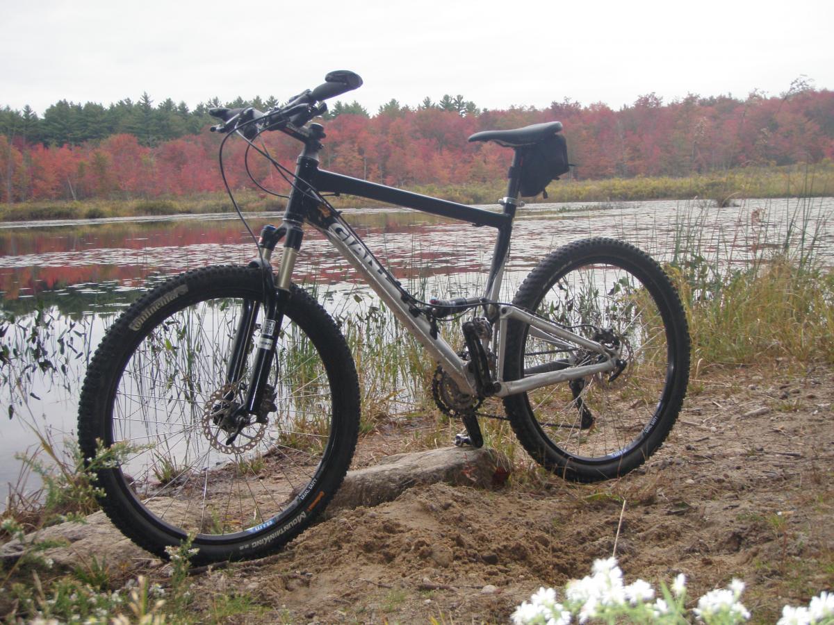 Giant Anthem 2: A mountain bike parked on a sandy bank by a serene lake, surrounded by autumn foliage featuring vibrant red and orange leaves. The water reflects the colorful trees, adding to the scenic natural setting.