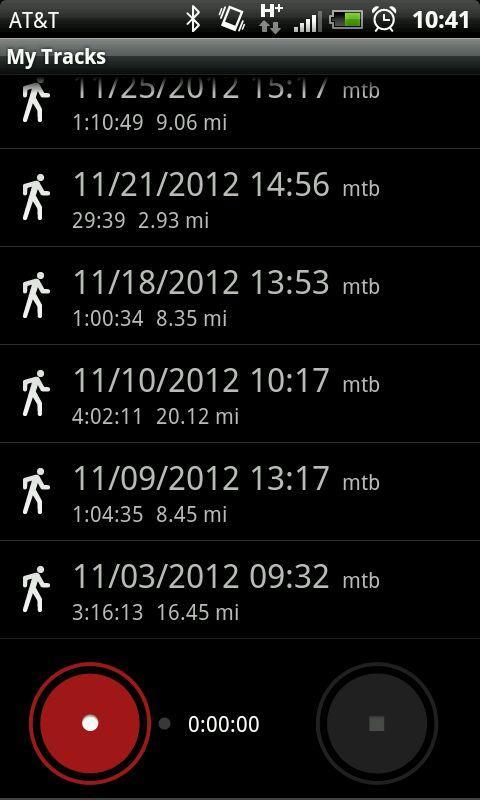 MyTracks: A mobile app screen displaying a history of tracked activities, showing various dates, times, and distances for mountain biking. Each entry includes the duration of activity and distance covered, along with a record button at the bottom.