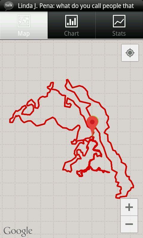 MyTracks: A map displaying a red, squiggly line indicating a specific route or path, with a red marker indicating a location. The background is a light grid pattern, and navigation icons are visible in the upper section of the image.