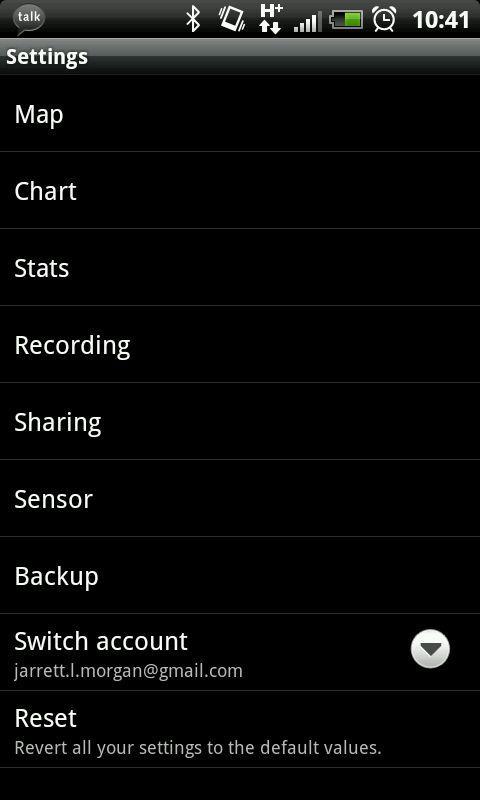MyTracks: Settings menu on a mobile device displaying options such as Map, Chart, Stats, Recording, Sharing, Sensor, Backup, and account management with an email address visible. Time shown at the top is 10:41.