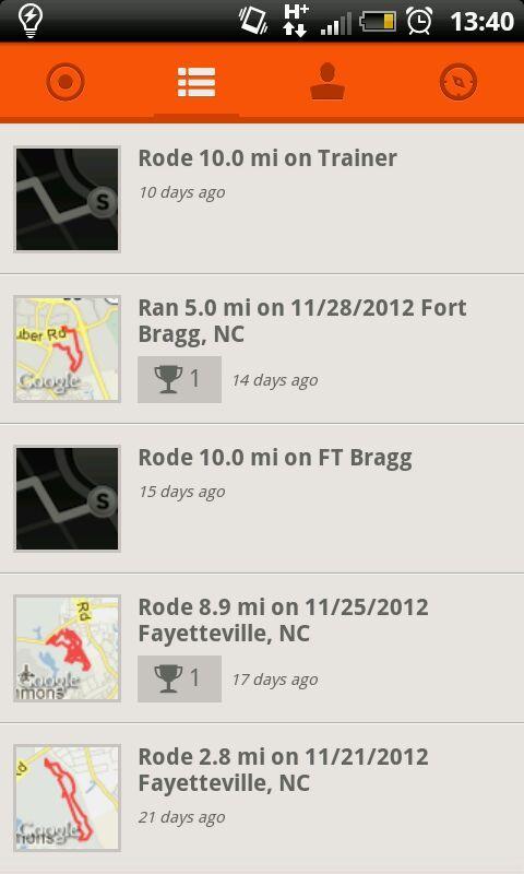 Strava: Image displaying a fitness tracking app interface showing past activities. The log includes entries for various distances ridden or run, locations such as Fort Bragg and Fayetteville, along with dates and trophy icons indicating achievements.