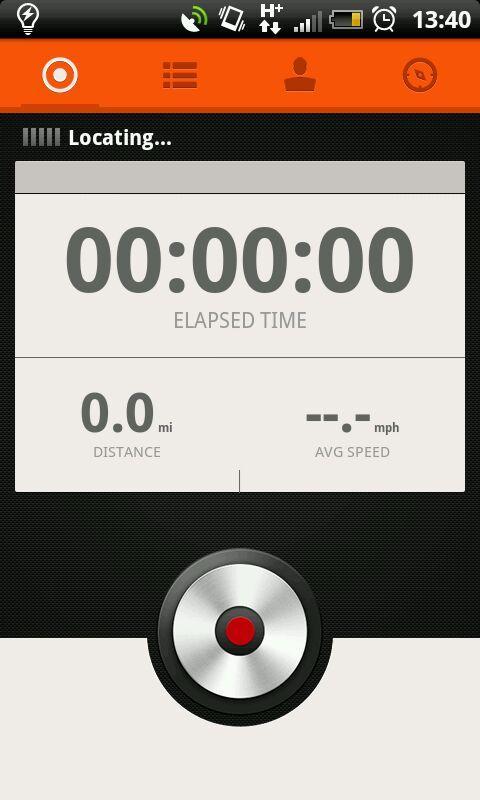 Strava: A smartphone screen displaying a fitness tracking app in a locating mode. The timer shows "00:00:00" for elapsed time, and both distance and average speed are recorded as "0.0 mi" and "--.- mph," respectively. A prominent red record button is at the bottom of the screen.