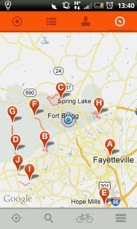 Strava: Map showing the area around Fort Bragg, North Carolina, with labeled locations including Spring Lake and Fayetteville. Points of interest are marked with red pins labeled A to J, indicating various sites in the vicinity. The map interface also displays the Google logo and icons for navigation and map features.