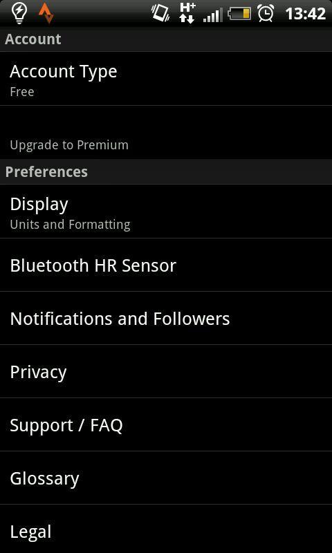 Strava: Screenshot of a mobile app settings menu showing account options, including "Account Type," "Preferences," "Display," "Bluetooth HR Sensor," "Notifications and Followers," "Privacy," "Support/FAQ," "Glossary," and "Legal." The account type is set to "Free," with an option to upgrade to "Premium."