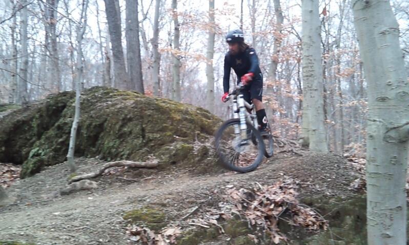 A mountain biker riding down a dirt trail surrounded by trees, navigating a rocky outcrop with autumn leaves on the ground. The biker is wearing protective gear, including a helmet and gloves. Brandywine State Park mountain bike trail.