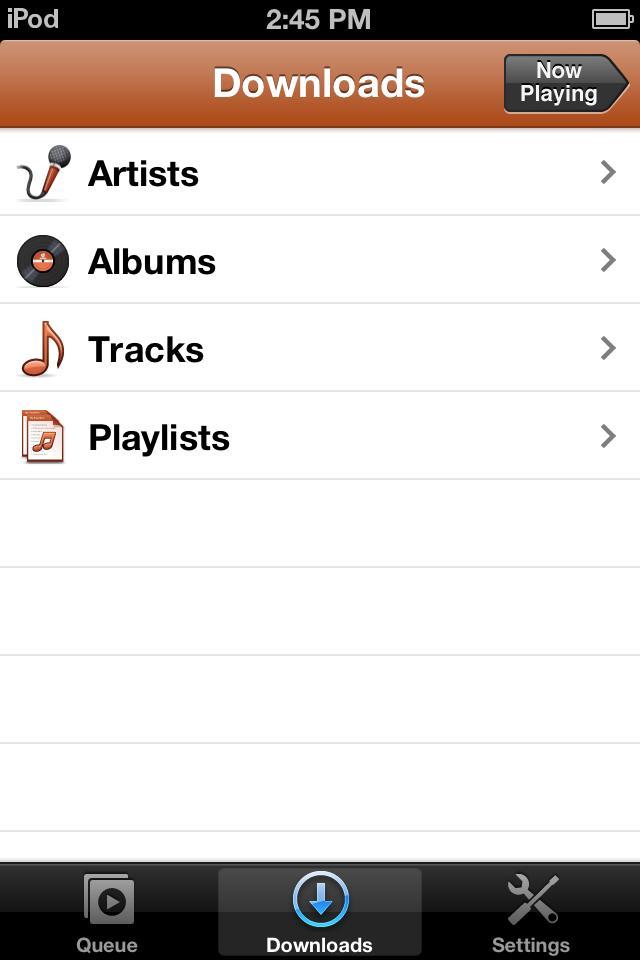Rhapsody International Rhapsody: Screenshot of an iPod interface displaying the "Downloads" section with options for Artists, Albums, Tracks, and Playlists, along with a "Now Playing" button at the top. The time displayed is 2:45 PM.