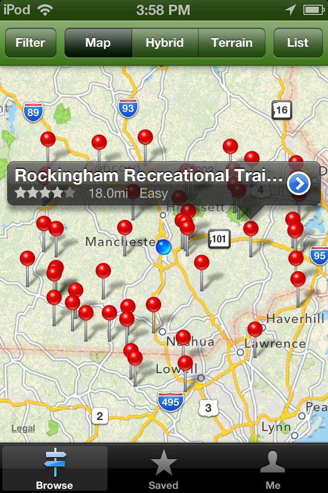 National Geographic All Trails: Map displaying the Rockingham Recreational Trail and surrounding areas, marked with red pins indicating various points of interest. The map features major roads and nearby cities such as Manchester and Lowell. A highlighted marker indicates the specific location of the Rockingham Recreational Trail, labeled as an 18.0-mile easy trail. Navigation options are shown at the top, including filter and view modes.