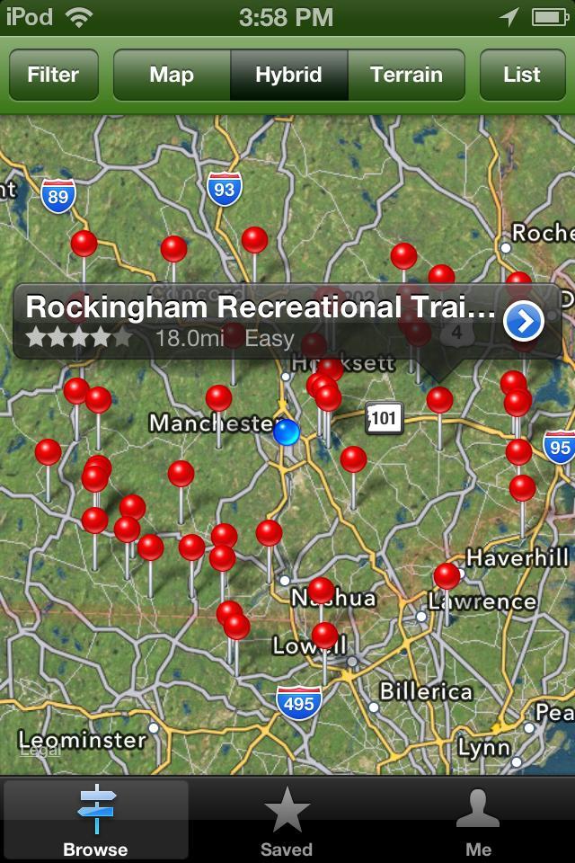 National Geographic All Trails: Map displaying the Rockingham Recreational Trail. Red markers indicate points of interest along the trail, with a highlighted area showing an 18-mile easy route. The map includes various towns and highways in New Hampshire and Massachusetts.