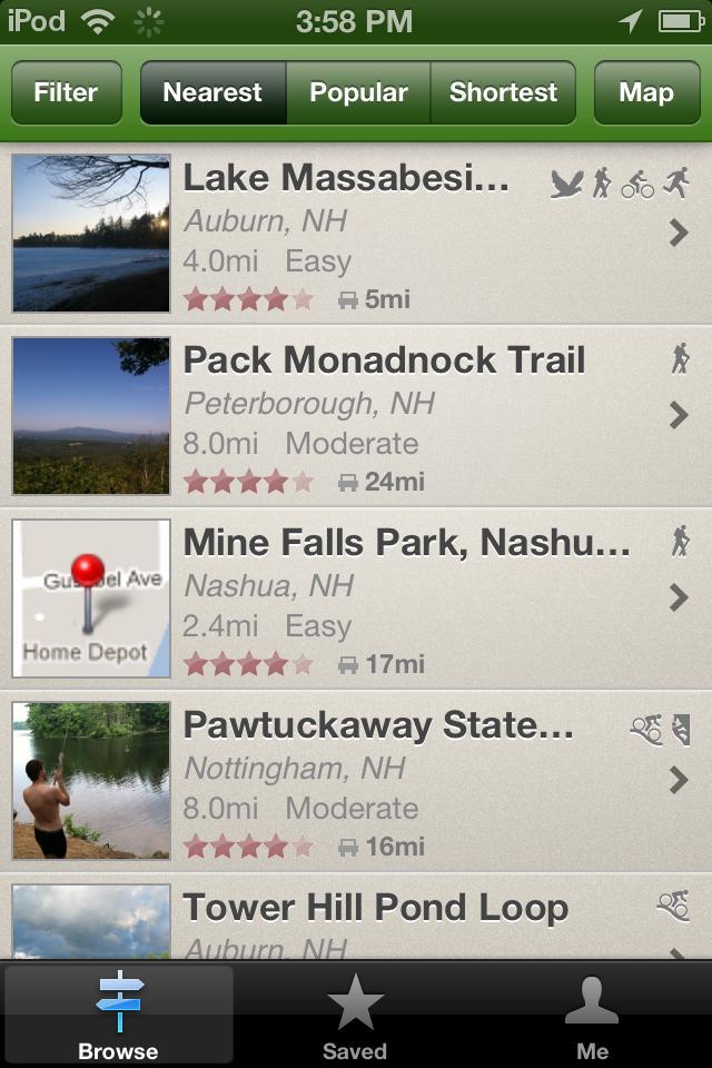 National Geographic All Trails: A mobile app screen displaying a list of hiking trails in New Hampshire, including "Lake Massabesic," "Pack Monadnock Trail," "Mine Falls Park," "Pawtuckaway State Park," and "Tower Hill Pond Loop." Each trail entry includes the distance, difficulty rating, location, and user ratings.