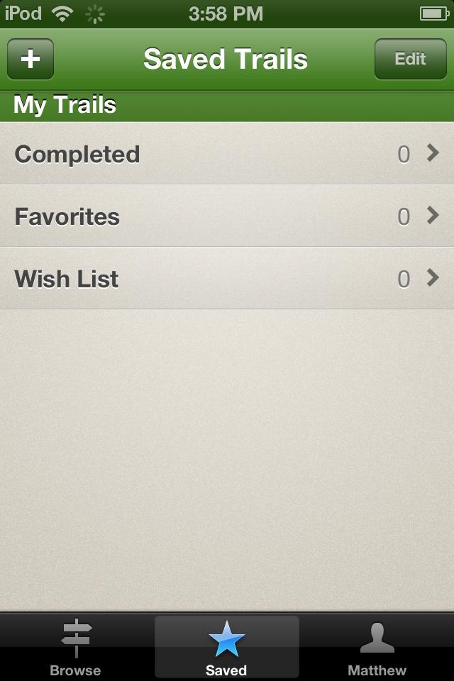 National Geographic All Trails: A screenshot of a mobile app interface titled "Saved Trails," displaying sections for "Completed," "Favorites," and "Wish List," each indicating zero items. The app features a navigation bar at the bottom with options for browsing and accessing user profiles. The time shown is 3:58 PM, and it is viewed on a device with a simple, light background.