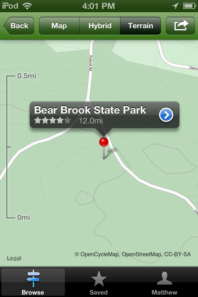 National Geographic All Trails: Map screenshot showing Bear Brook State Park location, indicating it