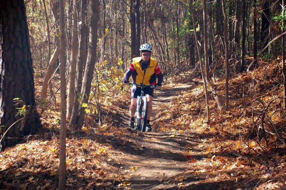 A person biking along a narrow trail surrounded by trees, with autumn leaves covering the ground. The cyclist is wearing a yellow and red jersey, black shorts, and a helmet. Sunlight filters through the trees, creating a vibrant, leafy landscape. Horry County Bike Run Park mountain bike trail.