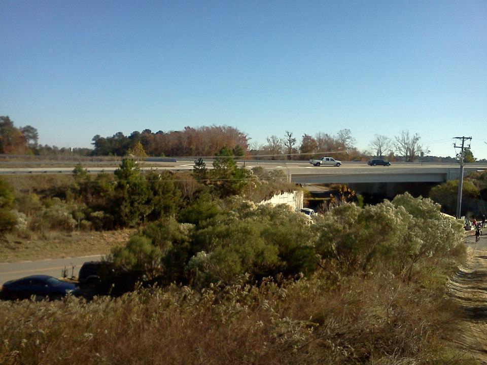 A view of a highway overpass taken from a distance, with cars traveling in both directions on the road above. In the foreground, there is a natural landscape with shrubs and small trees, while the background features a clear blue sky. Horry County Bike Run Park mountain bike trail.