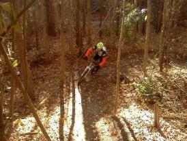 A mountain biker navigating a narrow dirt trail through a wooded area, surrounded by tall trees and fallen leaves. The biker is wearing an orange jacket and a helmet, leaning into the turn as sunlight filters through the trees. Horry County Bike Run Park mountain bike trail.