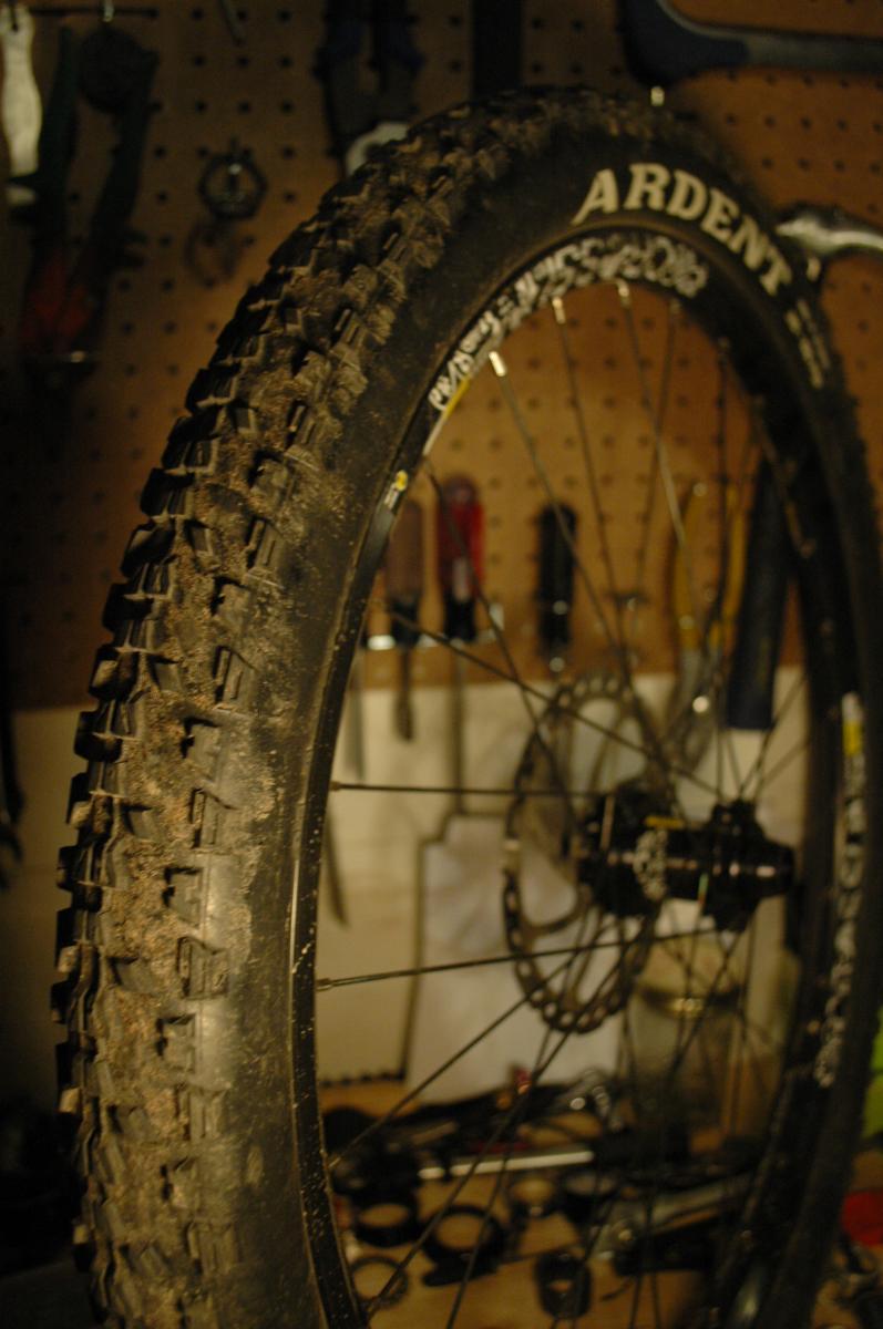 Maxxis Ardent: A close-up image of a mountain bike tire, showing a detailed view of the tread pattern and dirt accumulation. The tire is mounted on a bicycle wheel, with tools and other bike maintenance equipment visible in the background on a pegboard. The lighting is dim, emphasizing the texture of the tire and the items surrounding it.