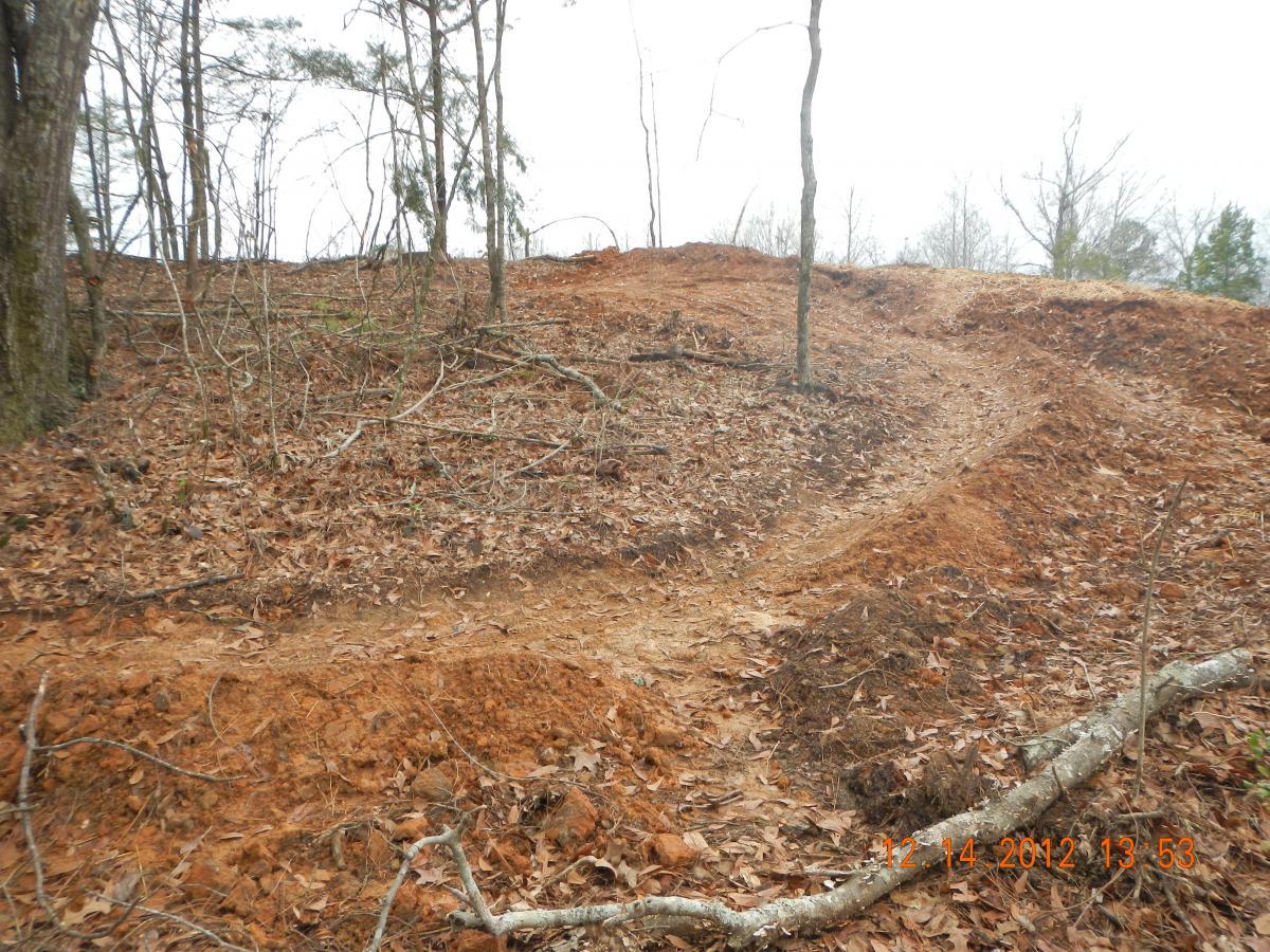 A cleared pathway winding through a wooded area, covered with fallen leaves and surrounded by bare trees. The ground is mostly bare dirt with some exposed roots and small branches scattered throughout. The sky is overcast, indicating a cloudy day. Research and Technology Park (ERC) mountain bike trail.