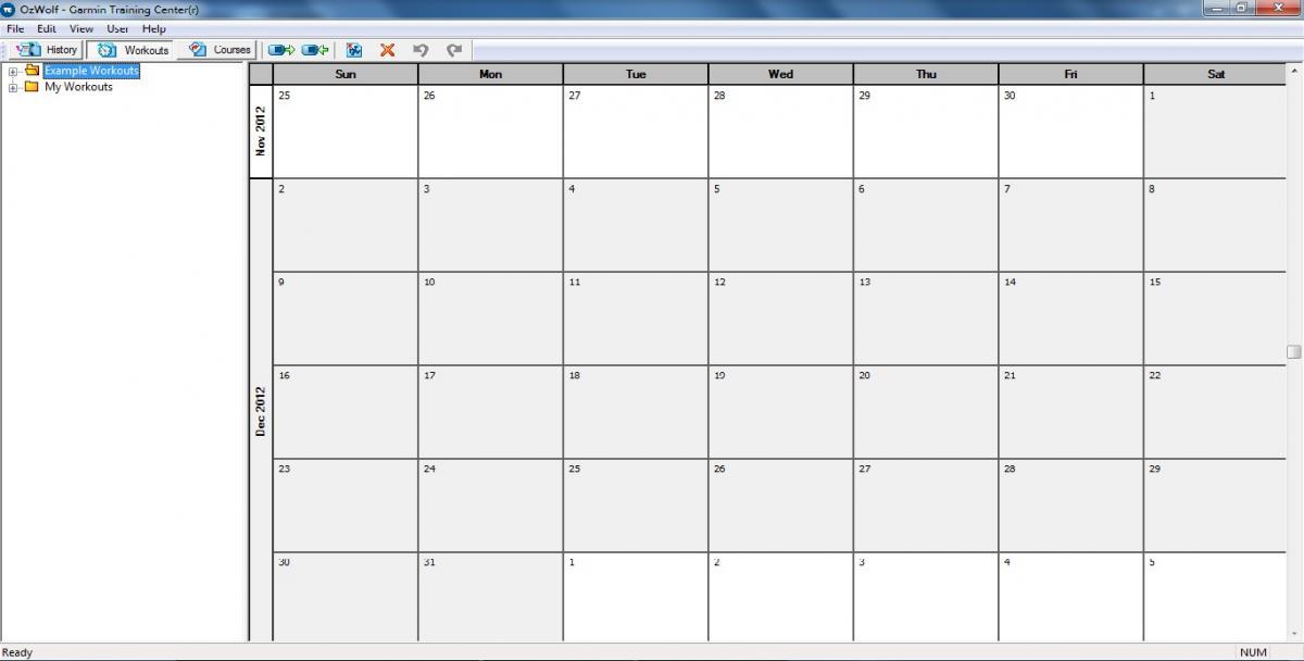 Garmin Training Center: A screenshot of the Garmin Training Center software showing a blank calendar for November and December 2012. The calendar includes days of the week labeled at the top and empty boxes for each date, indicating a space for scheduling workouts. The left sidebar features tabs for "Example Workouts" and "My Workouts."