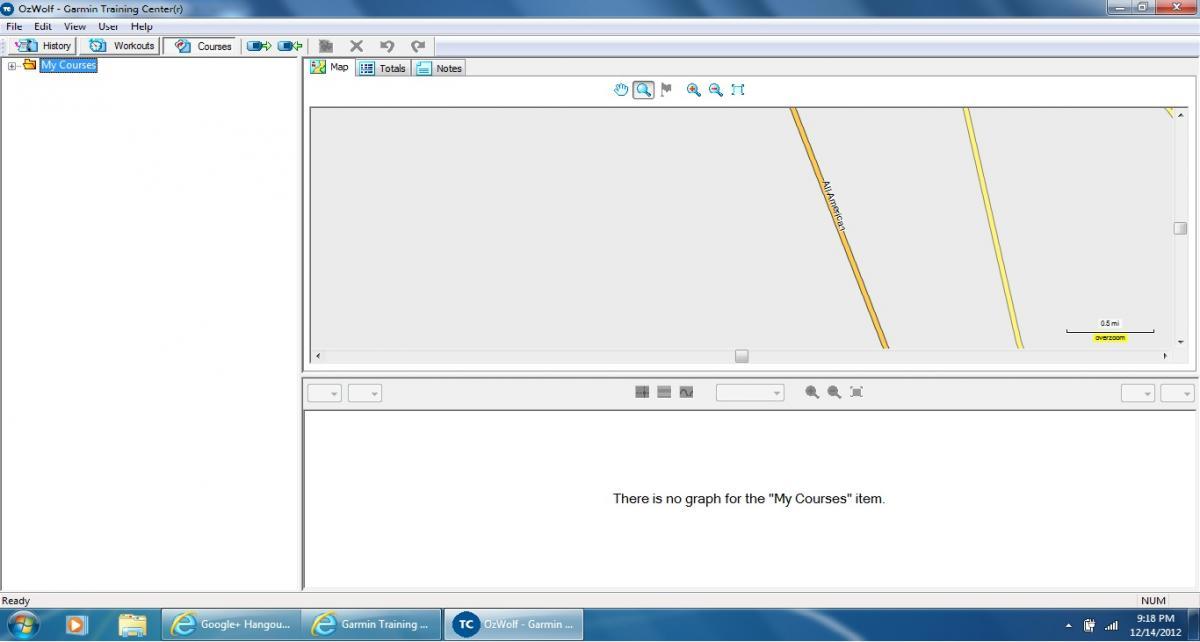 Garmin Training Center: Screenshot of the Garmin Training Center software interface displaying the "My Courses" section. The main map area is blank with a few map lines shown, accompanied by a message stating, "There is no graph for the 'My Courses' item." The interface includes menu options and navigation tools.