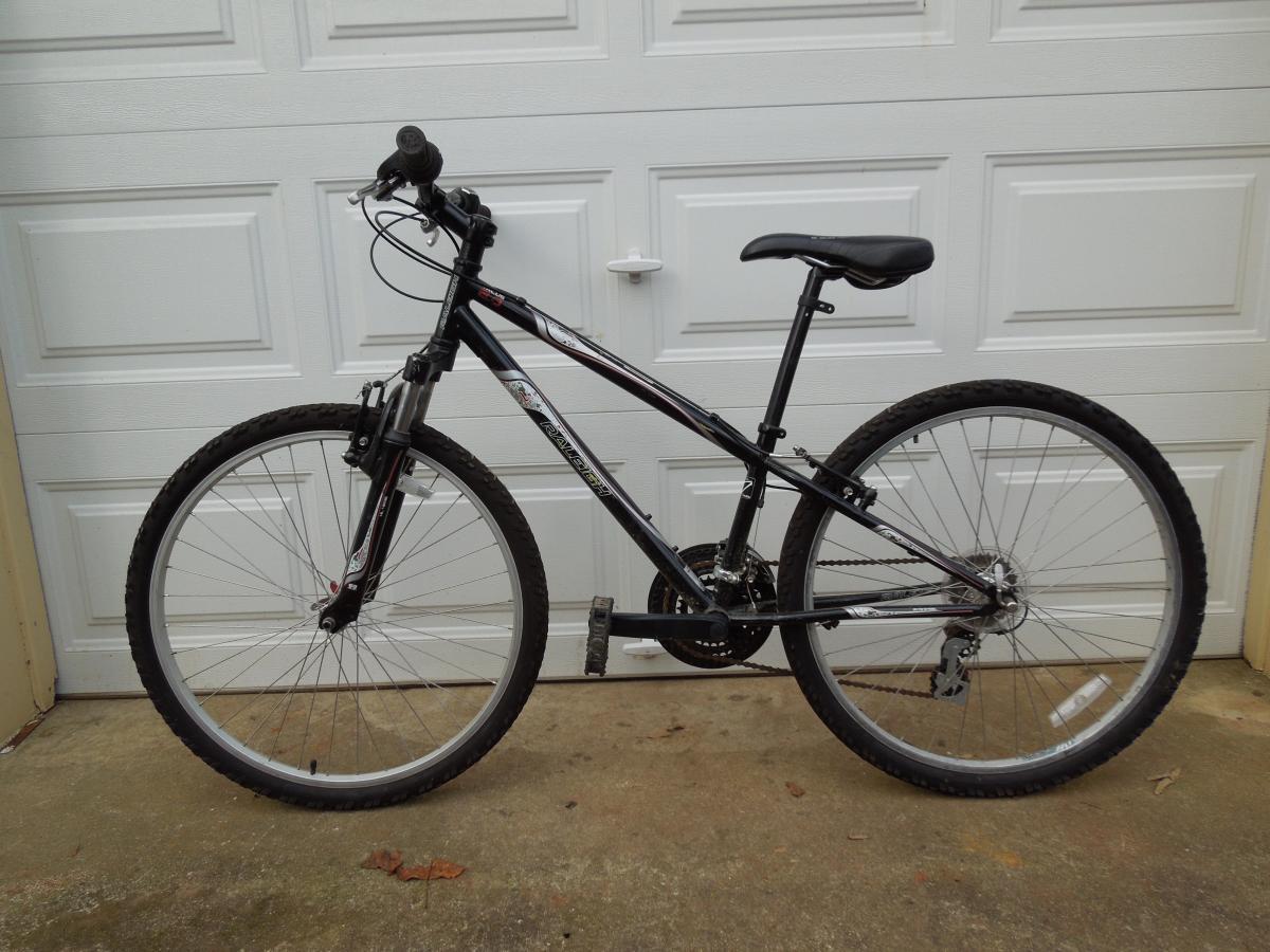 Raleigh Talus 2.0: A black mountain bike with a sturdy frame and wide tires, positioned next to a closed garage door. The bike features suspension on the front fork, a comfortable seat, and standard handlebars. The ground is concrete with some scattered leaves.