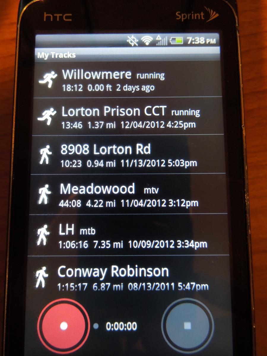 MyTracks: A smartphone screen displaying a tracking app with a list of recent activities, including running and mountain biking. Entries show locations, times, distances, and dates for various activities. The app's interface includes a red record button at the bottom.