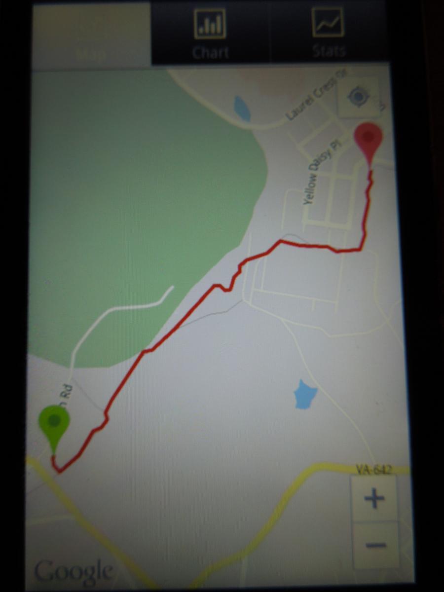 MyTracks: A smartphone display showing a map with a red route marked from a green location marker to a red location marker. The map features a lake and surrounding roads, with a zoom control in the bottom right corner.