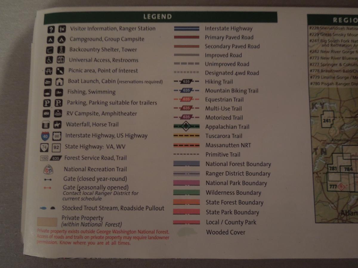 Trails Illustrated National Geographic Massanuten and Great North Mountain: A legend for a map detailing various symbols and their meanings related to outdoor recreational areas, including visitor information, campgrounds, trails, and property boundaries in the George Washington National Forest.