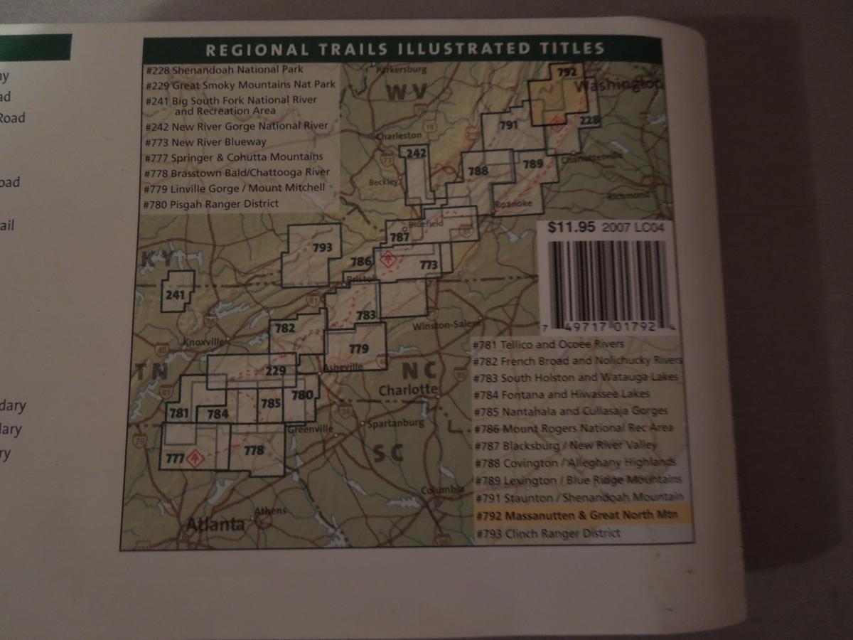 Trails Illustrated National Geographic Massanuten and Great North Mountain: Map showing regional trails with illustrated titles in the southeastern United States. Notable trails include Shenandoah National Park, Great Smoky Mountains, New River Gorge, and Pisgah Ranger District. The map features numbered sections for various trails and parks, along with a price tag indicating $11.95 from 2007.