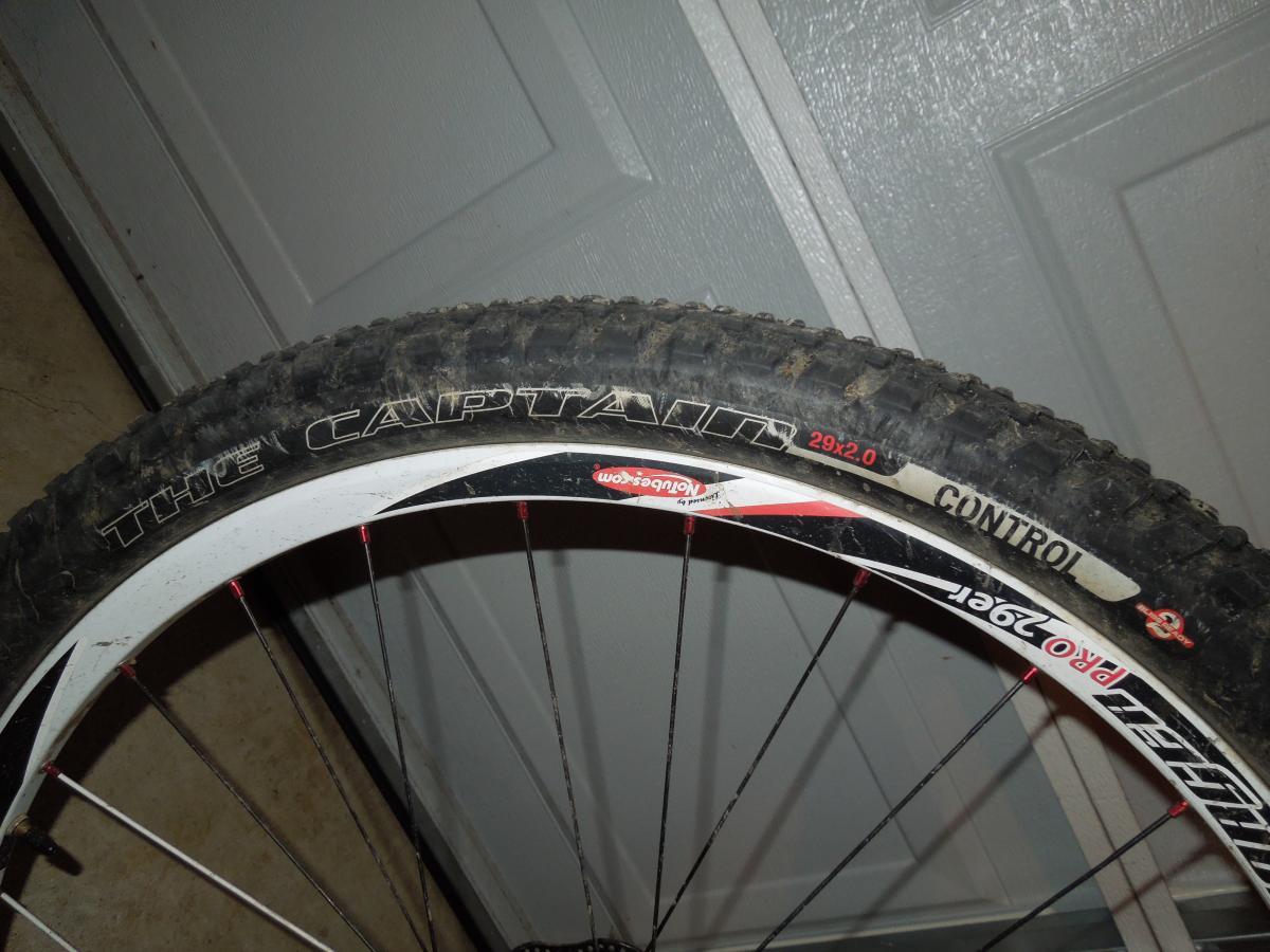 Specialized The Captain Control 2bliss: Alt text: A close-up view of a bicycle tire mounted on a wheel, showing the tread pattern and branding. The tire is labeled "The Captain" and features specifications of "29x2.0" and "Control." The wheel has red spokes and a white rim with dirt marks. The background is a garage door.