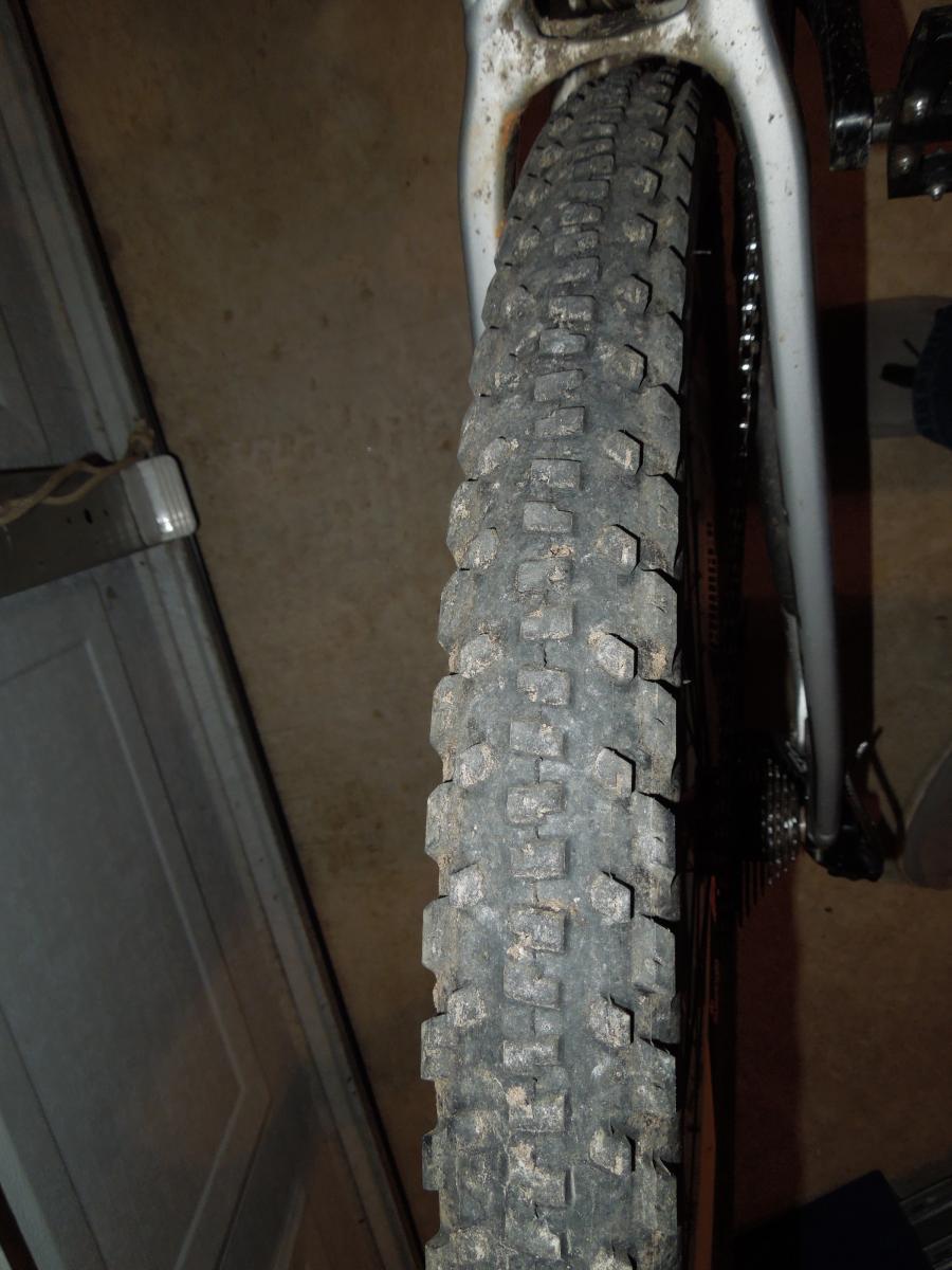 Specialized The Captain Control 2bliss: Close-up image of a mountain bike tire showing a textured tread pattern. The tire is partially covered in dirt, indicating recent use, and is mounted on a bike frame in a garage setting.
