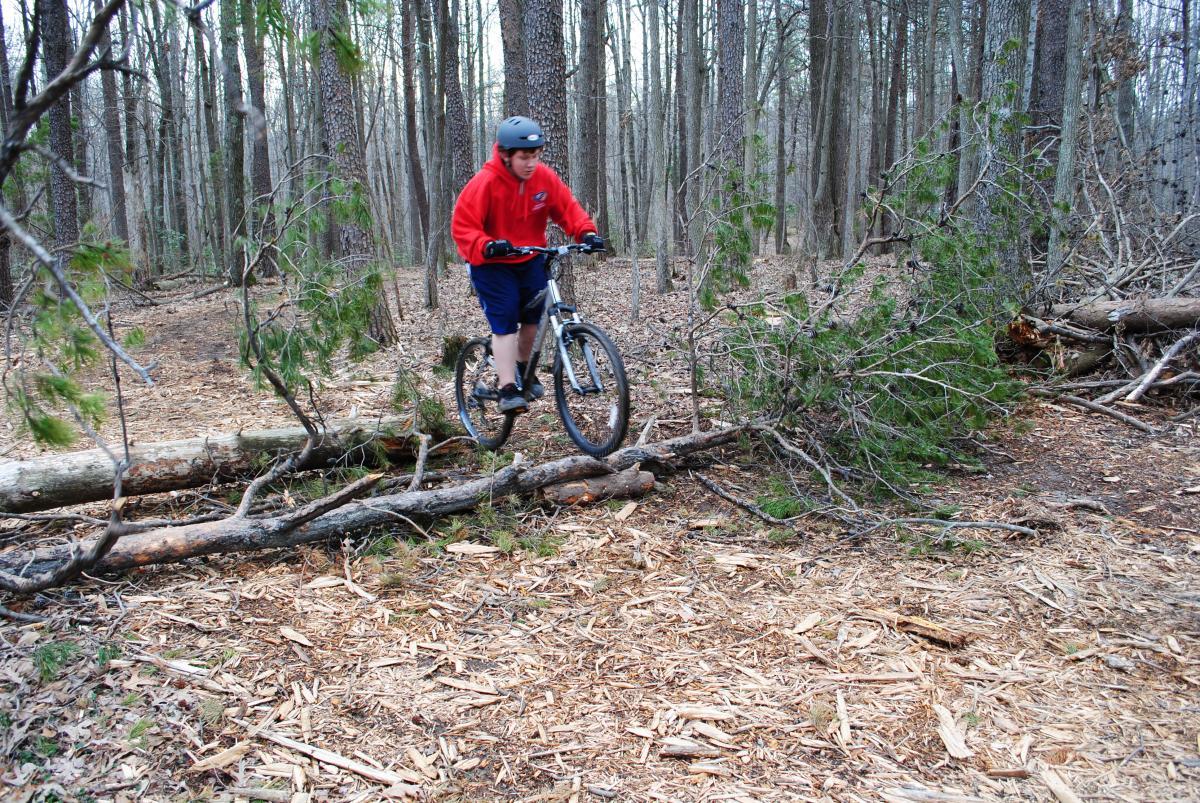 Trek 4300: A person in a red hoodie and helmet rides a mountain bike over fallen logs in a wooded area, surrounded by trees and scattered pine needles.