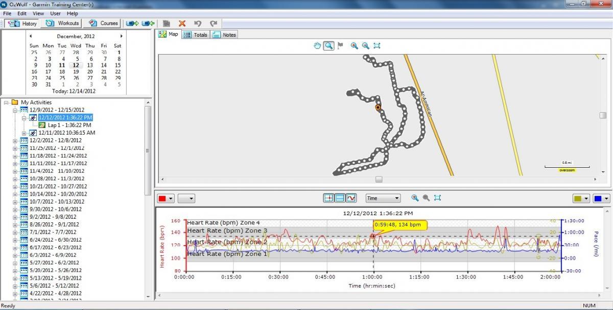 Garmin Training Center: A screenshot of the Garmin Training Center software displaying a workout analysis. The upper section shows a map with a marked route, while the lower section features a graph indicating heart rate data over time, including various heart rate zones. The left sidebar lists past activities with dates and times. The current activity is highlighted, showing a duration of 59 minutes and 48 seconds with a peak heart rate of 134 bpm.