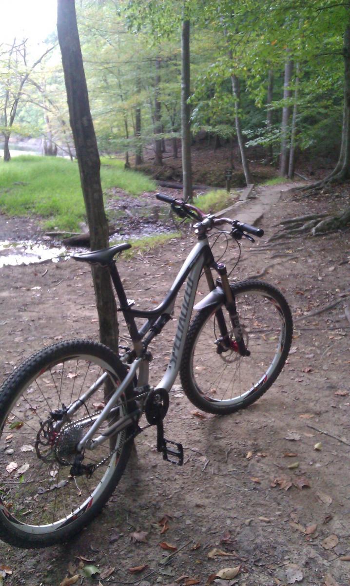 Specialized Stumpjumper FSR Comp 29: A mountain bike leaning against a tree on a dirt trail surrounded by greenery, with a stream visible in the background. The scene captures a peaceful outdoor setting, ideal for biking enthusiasts.