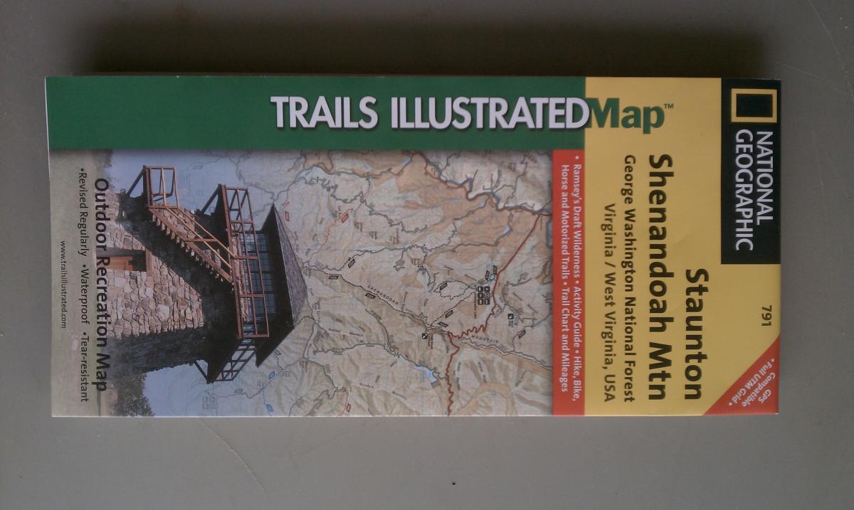 National Geographic Trails Illustrated #791 Staunton Shenandoah Mountain: A folded outdoor recreation map titled "Trails Illustrated Map" featuring the Staunton and Shenandoah Mountain areas in the George Washington National Forest, Virginia and West Virginia, with information on hiking, biking, horse, and motorized trails. The map is designed to be waterproof and tear-resistant.