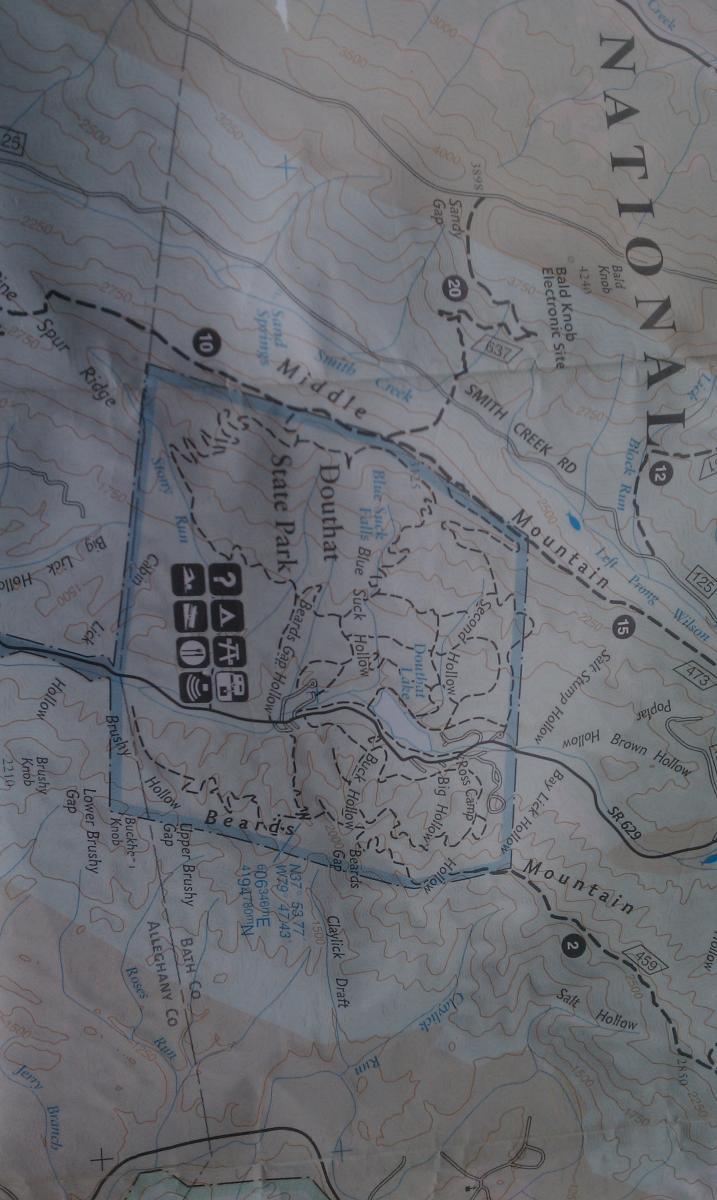National Geographic Trails Illustrated #788 Covington Aleghany Highlands: A detailed topographical map showing the layout of Douthat State Park, featuring contour lines, trails, and roads. Key locations such as Bald Knob and Smith Creek Road are indicated, along with various features and landmarks within the park.