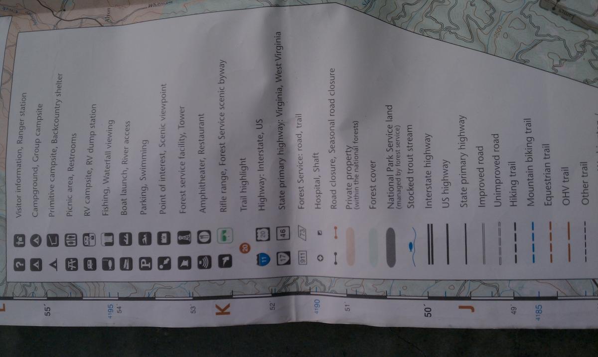 National Geographic Trails Illustrated #788 Covington Aleghany Highlands: Map showing various facilities and points of interest in a forest area in West Virginia, including campgrounds, picnic areas, RV facilities, and trails. The map includes symbols for swimming, fishing, hiking, and other activities, along with labels for roads and forest service properties.