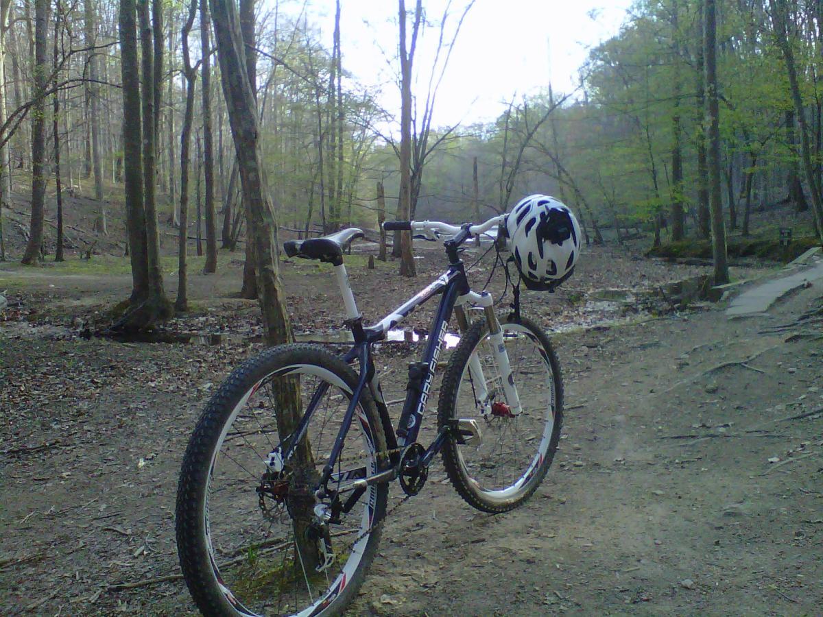 Gary Fisher Cobia: A mountain bike with a helmet resting on the handlebars, positioned on a dirt trail surrounded by trees in a forested area. The path is uneven and shows signs of recent use, with green foliage visible in the background.