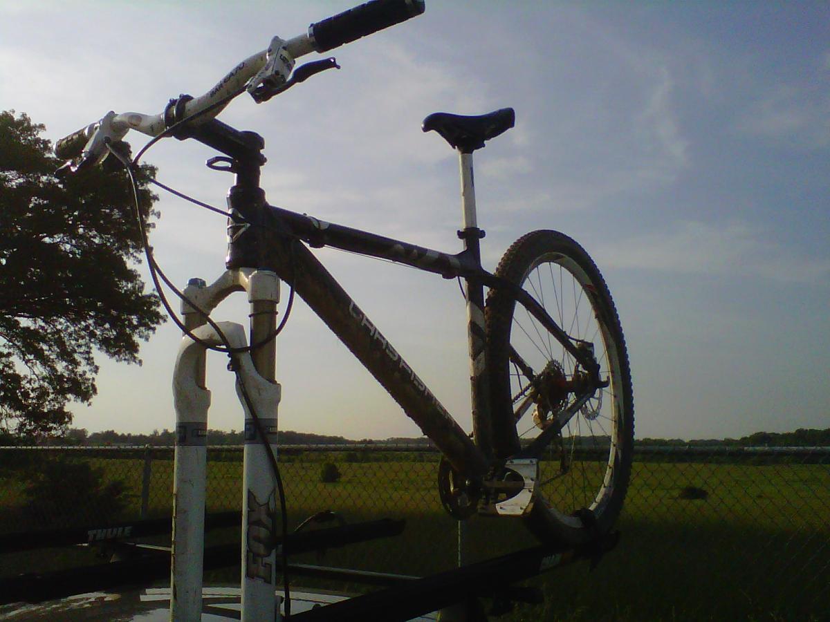 Gary Fisher Cobia: A mountain bike is mounted on a rack against a backdrop of an open field and a cloudy sky. The bike's frame is predominantly black with white accents, featuring front suspension forks and disc brakes. A tree is visible in the background along with a fence.