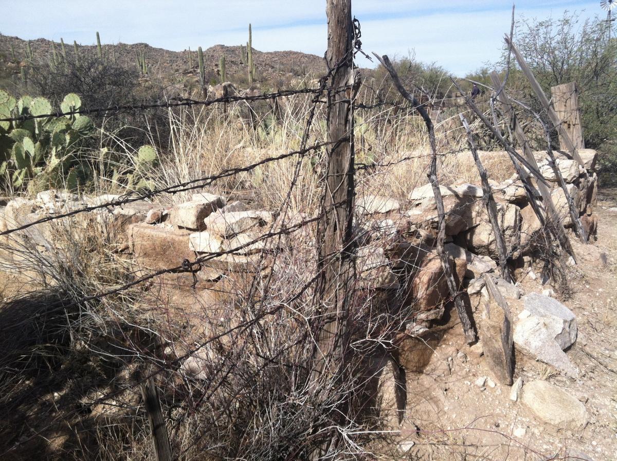 A weathered barbed wire fence stretches across a rugged landscape, with scattered rocks and dry grass in the foreground. Cacti and distant mountains are visible in the background under a blue sky. The scene captures the essence of a desolate and arid environment. Honeybee Canyon / Rail X Ranch mountain bike trail.