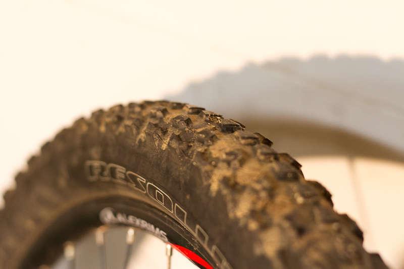 Specialized Resolution Sport: Close-up view of a muddy mountain bike tire, showcasing the tread patterns and the rubber sidewalls, with a blurred background.