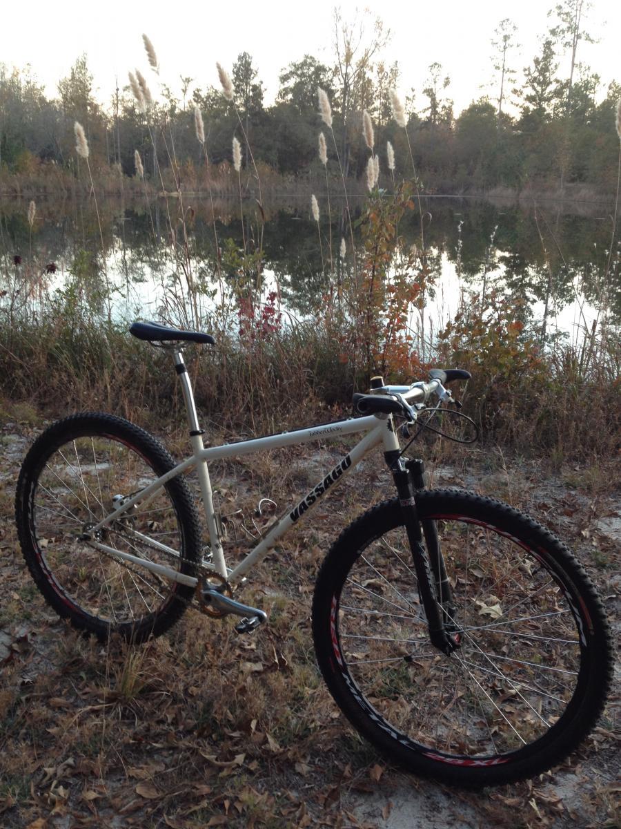 Vassago Jabberwocky: A mountain bike leaning on grass near a tranquil pond, surrounded by tall grasses and trees, with autumn foliage in the background. The scene captures a peaceful outdoor setting during the golden hour.