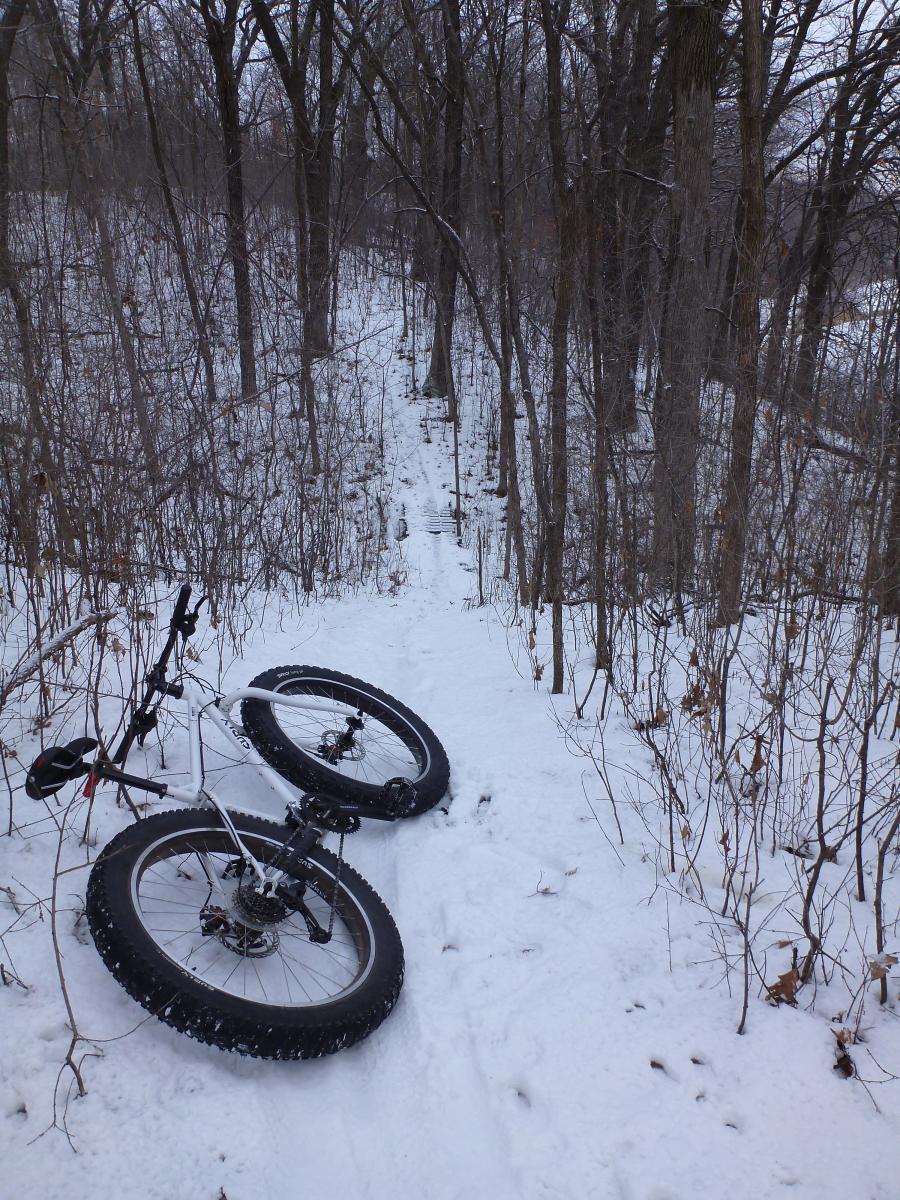 A fat bike resting on a snowy trail surrounded by trees in a winter landscape. The path is partially covered in snow, indicating recent usage, while the barren branches and underbrush provide a glimpse of the natural surroundings. Mammoth Trail mountain bike trail.