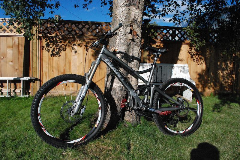 Giant Reign X1: A mountain bike leaned against a tree in a grassy yard, with a wooden fence and blue sky in the background. The bike features thick tires and a sleek gray frame.