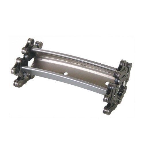 Resource Revival Recycled Bike Part Business Card Holder: A close-up image of a bicycle chain link connector showing a chain tensioner. The component is metallic and has a sleek design with multiple links, indicating its function in maintaining proper chain tension for a bicycle.