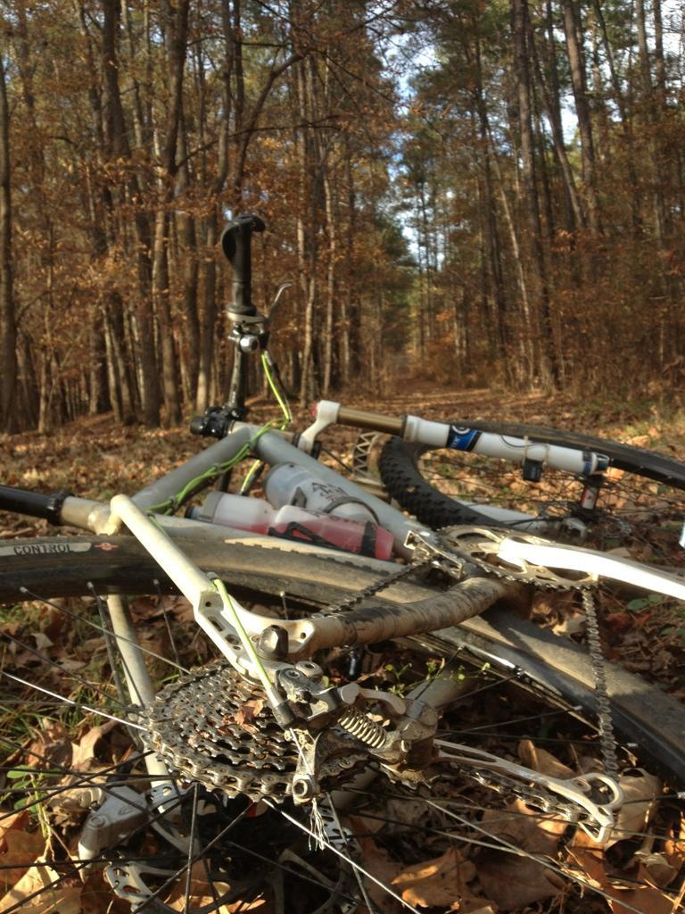 On-One Scandal 29er Vertical Dropouts: A fallen mountain bike is scattered on a dirt path surrounded by trees in a forest during autumn, with fallen leaves covering the ground.