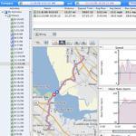 Garmin Training Center: Map interface showing a highlighted route between locations with graphs displaying data metrics like speed and elevation. The layout includes a navigation pane on the left with timestamps and additional route details.