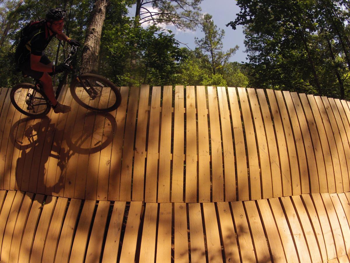 Diamondback Overdrive: A mountain biker riding on a curved wooden structure in a forested area, surrounded by tall trees and dappled sunlight. The biker is smiling and wearing a helmet and gloves, showcasing a dynamic action pose as they navigate the ramp.