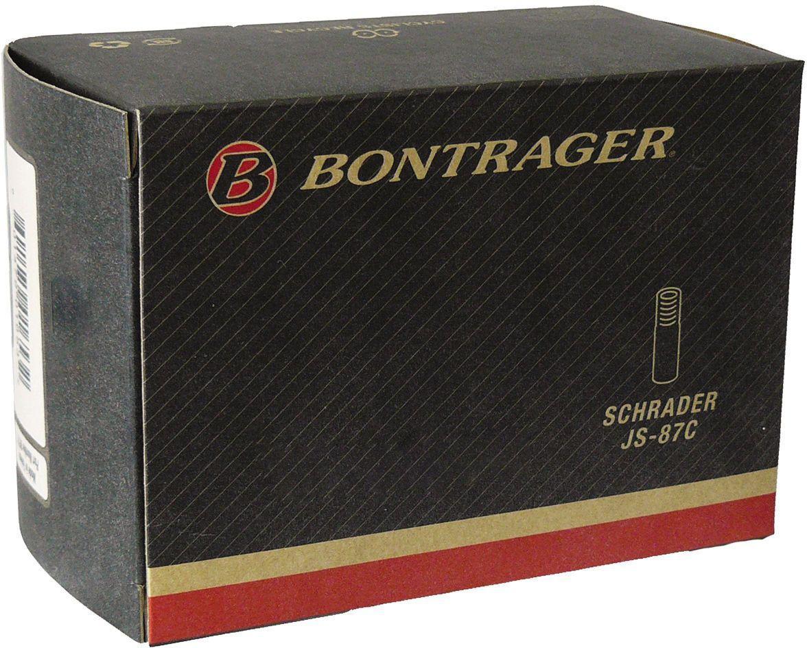 Bontrager Premium Tube: Black packaging box for Bontrager Schrader valve, labeled with "JS-87C" in gold lettering. The box features a simple design with horizontal stripes and a red and gold bottom border.