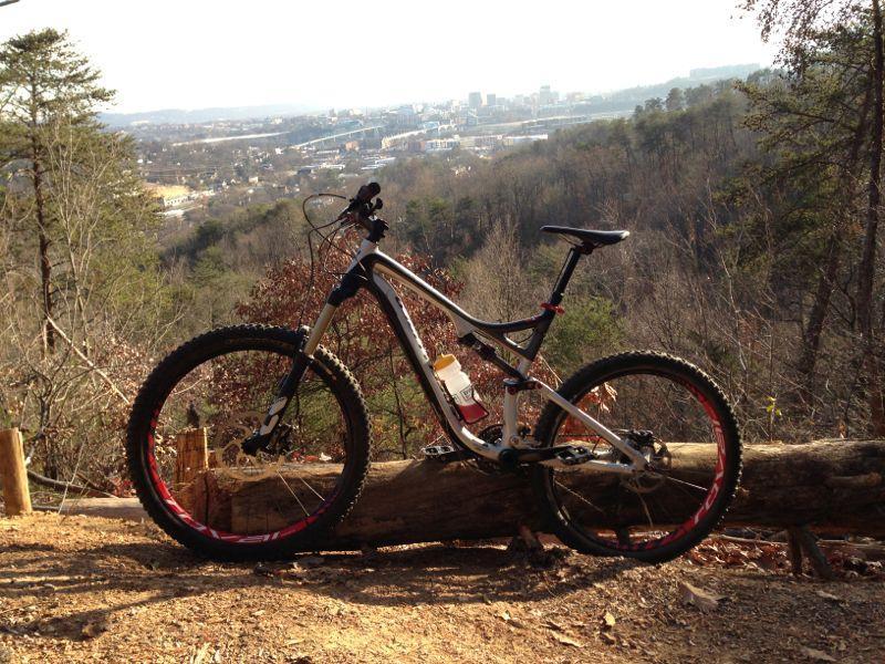 A mountain bike resting on a log with a scenic view of a city and hills in the background. The bike features a sleek design and a water bottle attached, surrounded by trees in a natural outdoor setting. Stringers Ridge mountain bike trail.