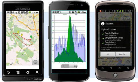MyTracks: Three smartphones displaying GPS and mapping applications. The left phone shows a map with a plotted route, the center phone features a graphical representation of data, and the right phone displays a success message for an upload with options for sharing and mapping services.