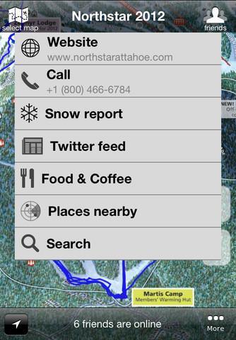 Maprika Gps on any map: Alt text: Screenshot of the Northstar 2012 mobile app interface, displaying options for the website, call contact information, snow report, Twitter feed, food and coffee locations, nearby places, and a search feature, along with an indication of 6 online friends.